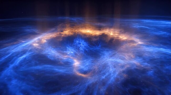 Space Blue nebula cosmic energy supernova remnant glowing filament abstract space deep space interstellar cloud star field background light ray explosion blue orange glowing galaxy universe gas dust