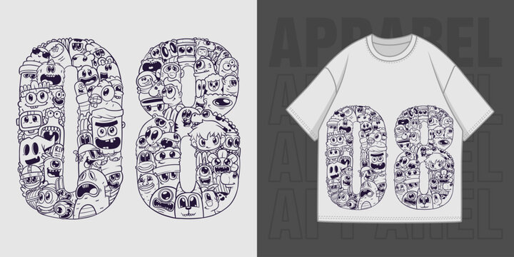 HAND DRAWING DOODLE NUMBER 08 ILLUSTRATION T-SHIRT APPAREL PRINTING DESIGN