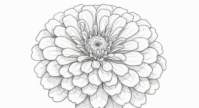 Detailed Black and White Line Art Drawing of a Blooming Zinnia Flower Isolated on White Background for Coloring Projects