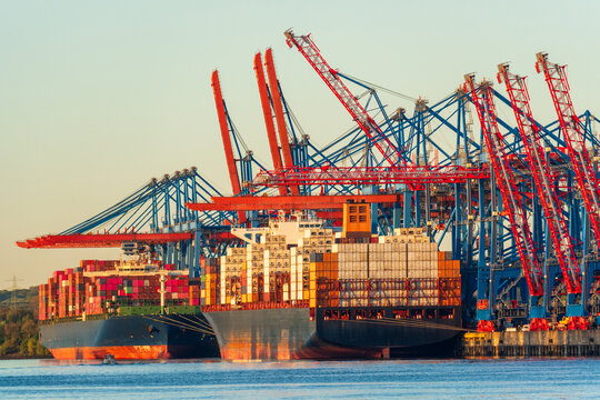 Container ship at Hamburg harbor industrial transportation hub