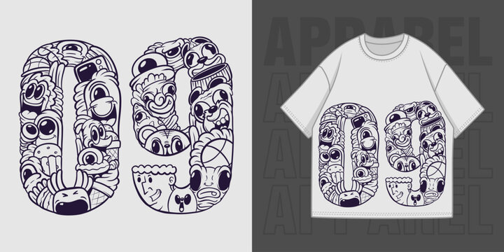 HAND DRAWING DOODLE NUMBER 09 ILLUSTRATION T-SHIRT APPAREL PRINTING DESIGN