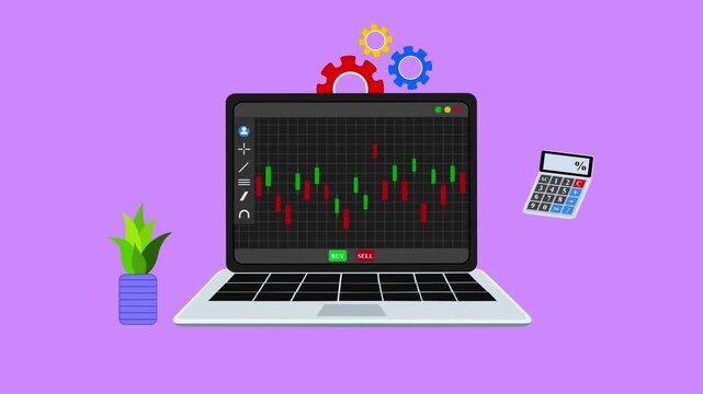 Laptop displaying candlestick trading chart animated, Laptop with candlestick stock chart on screen animation