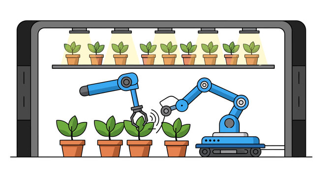 Robotic arms tending to potted plants in a controlled environment.