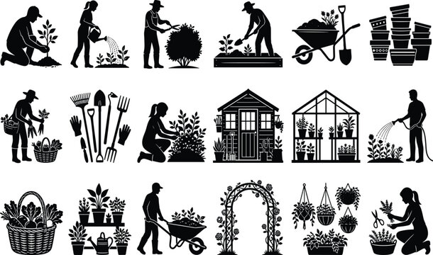 Gardening Silhouette Collection Vector Set Featuring Gardeners Tools Greenhouse Plants Harvest and Outdoor Silhouette Collection 