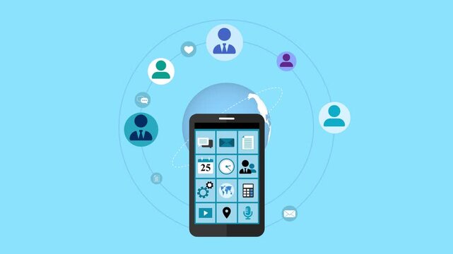 Smartphone with app icons floating in front of concentric circles and user avatars animation