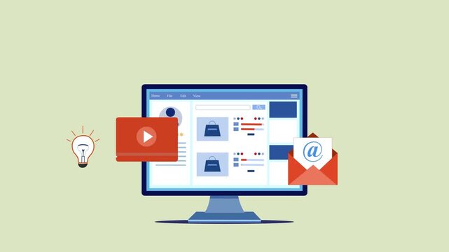 E-commerce website dashboard animated, Flat animation of a desktop monitor showing an e-commerce or dashboard layout with icons