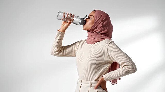 Young Muslim woman staying hydrated with a reusable water bottle, promoting healthy living, wellness, and self-care. Essential for an active, balanced lifestyle.
