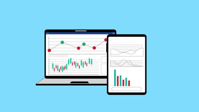 Laptop and tablet showing financial charts animated, Flat animation of a laptop and tablet displaying financial charts and graphs