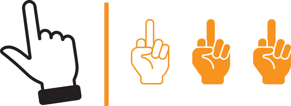 Pointing hand cursor icon and offensive middle finger gesture vector icons set in black and orange line art