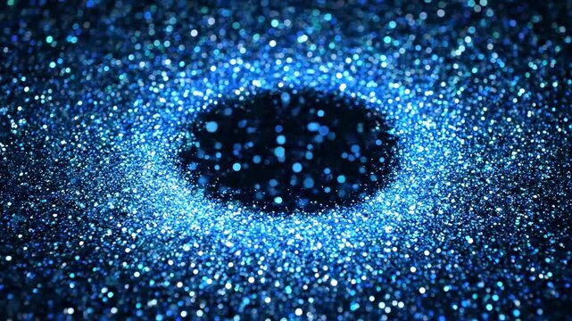 Abstract blue particles swirling in elliptical vortex motion against black background with subtle bokeh effects