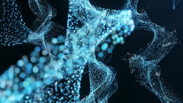 Abstract blue particles flowing in organic wave motion against a dark background with selective focus