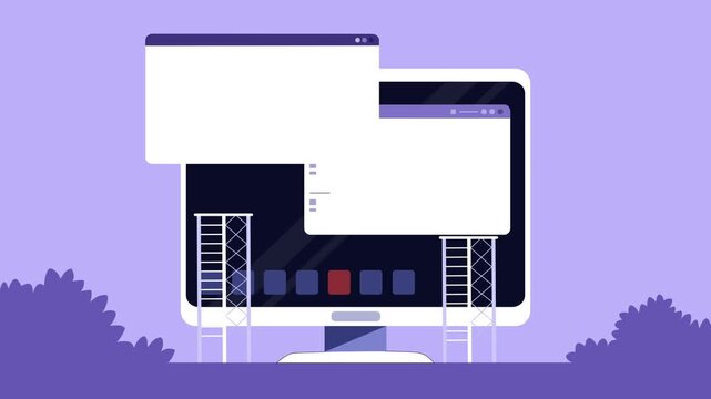 Monitor with scaffolding and ui popup animated, Flat-style animation of a computer monitor with scaffolding and a popup window on screen