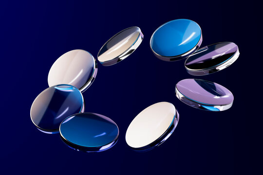 3D render of floating glass geometric lens shapes on blue background