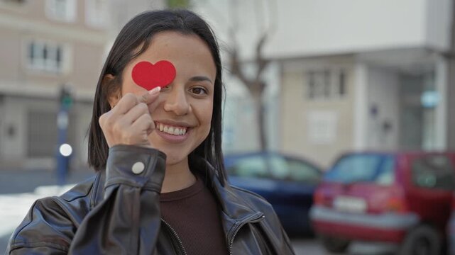 Young hispanic woman smiling holding red paper heart over one eye on street, finger pinching heart near eye, wearing leather jacket; joy.