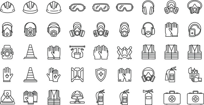 Personal protective equipment and industrial safety icons set featuring hard hats goggles respirators and fire extinguishers vector illustration