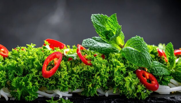 Close up of fresh green herbs and red chili peppers.