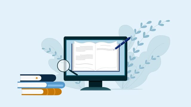 Animation of online learning open book on a computer monitor with magnifying glass