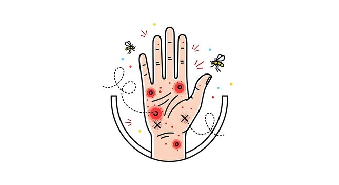 Irritated Human Hand Showing Insect Bite Marks in Minimal Medical Illustration
