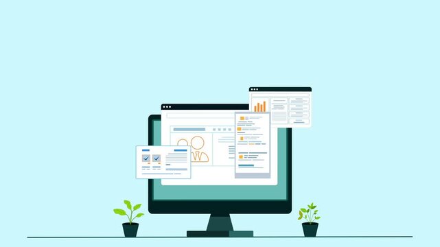 Flat modern animation of a desktop computer with multiple floating app windows and two small potted plants