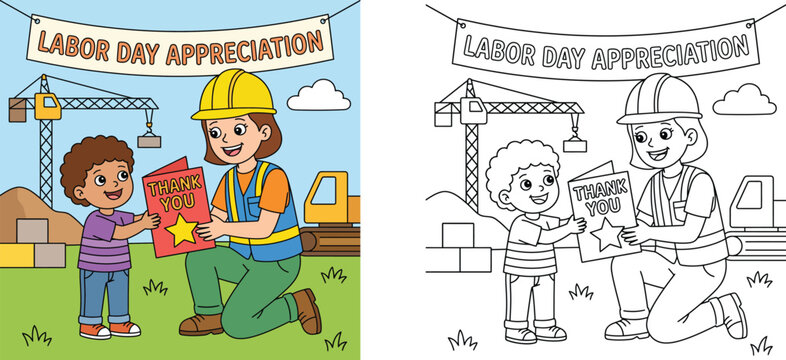 Labor Day Appreciation Coloring Page and Color Illustration of a Child Giving a Thank You Card to a Female Construction Worker, Educational Activity Vector (170 characters)