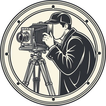 Vintage photographer operating a large format camera on a tripod, viewed from the side, ideal for historical content, photography services and creative industries.