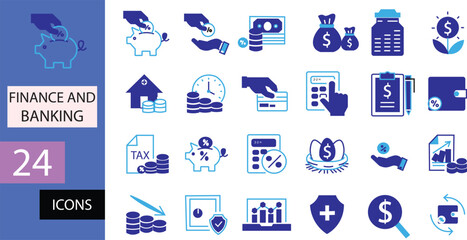 Fototapeta premium Finance and Banking Icons 24 Vector Icons. Pension fund, profit growth, piggy bank, finance budget, income minimal vector illustration. Simple outline signs for investment. Blue duotone color. Editab