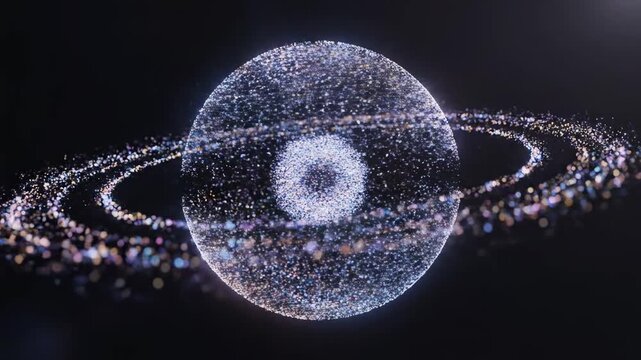 Abstract celestial orb with luminous rings rotating slowly in dark cosmic void with subtle motion