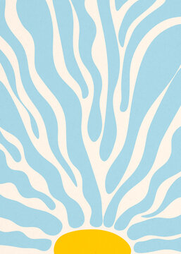 Abstract sun illustration with fluid blue rays and yellow center