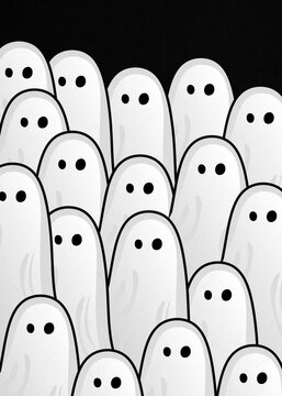 Whimsical illustration of a dense ghost crowd on black background