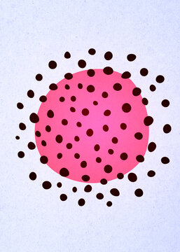 Abstract pink organic circle with black floating dot pattern