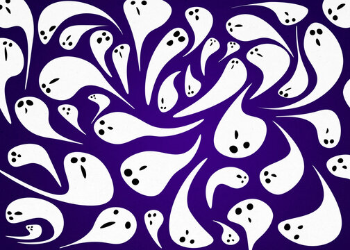 Cute white flying ghost pattern on purple background for Halloween