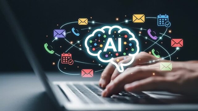 AI Workspace Integration and Automation Concept: Glowing Digital Brain Icon with Floating Productivity Elements over Blurred Laptop Keyboard