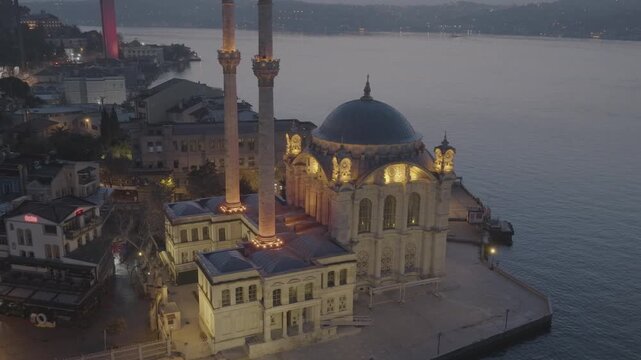 Aerial view of the illuminated Ortak&ouml;y Mosque on the shores of the Bosphorus in Istanbul, Turkey, with the iconic Bosphorus Bridge in the background.