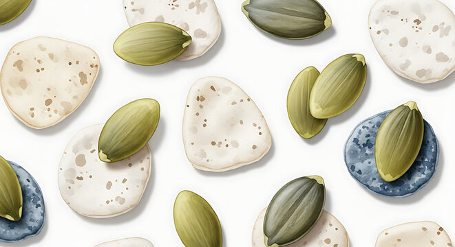 Pattern of green pumpkin seeds and speckled beige and blue pebbles