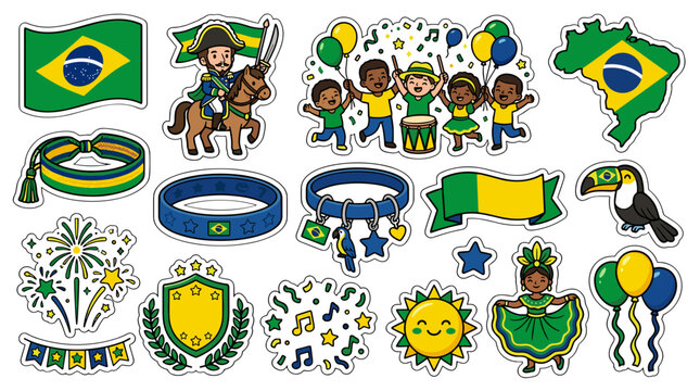 Brazilian celebration icons featuring flags, masks, and festive symbols