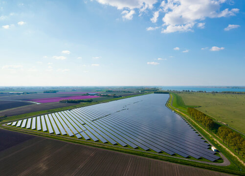 Aerial view of a solar farm in Ooltgensplaat the Netherlands
