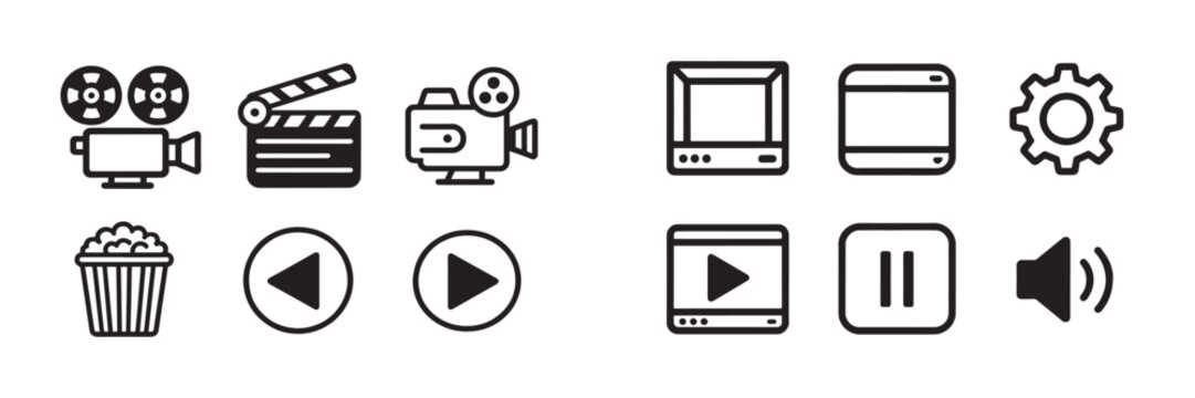 Cinema and video player vector icon set featuring clapperboard, camera, popcorn, play, pause, and volume controls for media interface design