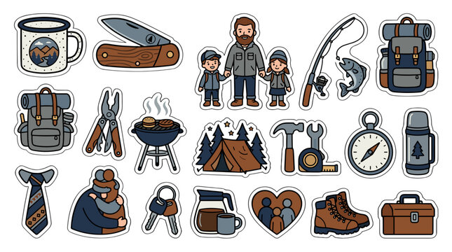 Outdoor camping scene with gear, tents, and family members