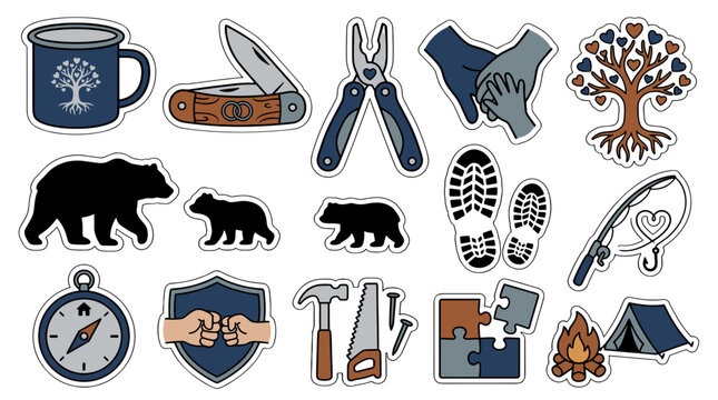 Collection of outdoor adventure and naturethemed icons