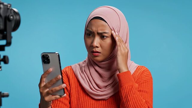 Young Muslim woman in hijab, stressed by bad news or scam on smartphone. Concepts: online security, digital fraud, cyber threat, mental health, frustration, and data privacy issues.