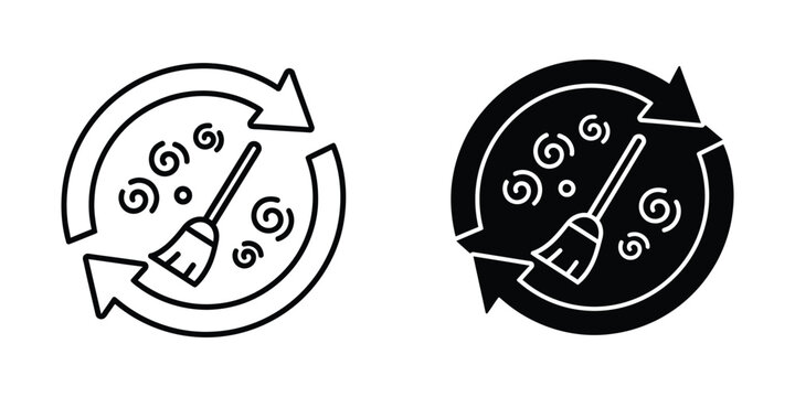 Circular arrow with broom icon in white and black for recycling and cleaning concepts