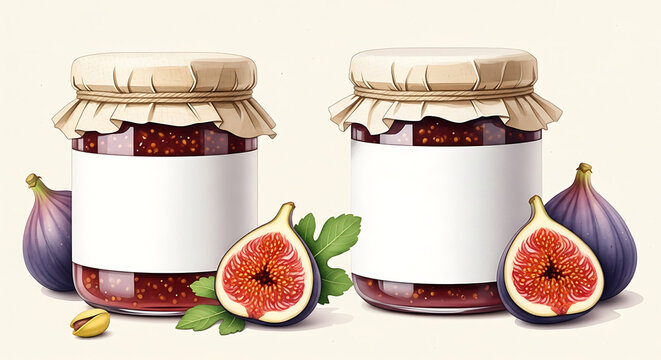 Two glass jars of fig jam with blank white labels and fresh figs