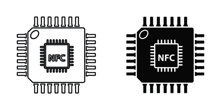 Integrated circuit chip with NFC technology in outline and filled versions on white background