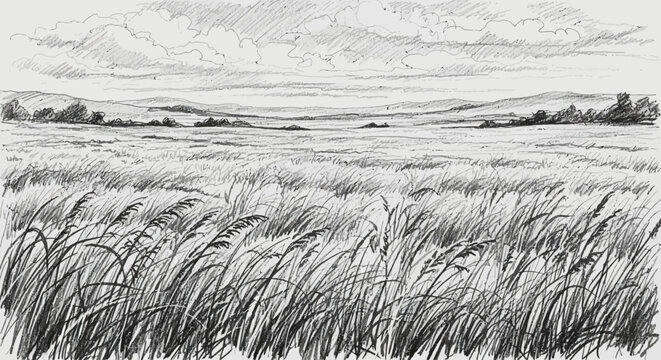 Detailed monochrome sketch capturing the expansive beauty of a sun-kissed field, with tall grasses swaying gently across a vast natural landscape under an open horizon