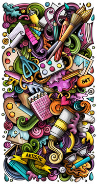 Cartoon vector doodles Art vertical banner design illustration. Colorful detailed, with lots of objects illustration. All items are separate