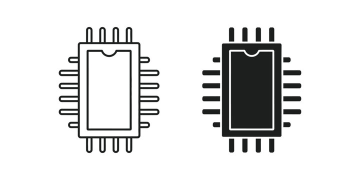 Integrated circuit chip in outline and solid fill isolated on white background for technology concepts
