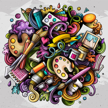 Artist cartoon doodle illustration. Funny Art design. Creative vector background. Artistic elements and objects. Colorful composition