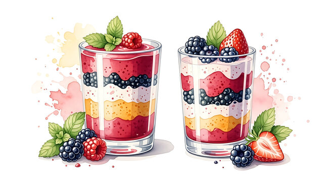 Watercolor of layered berry smoothies and yogurt parfaits