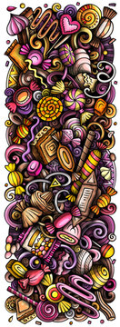 Cartoon vector Candies doodle illustration features a variety of sweet food objects and symbols. Bright colors whimsical funny picture.