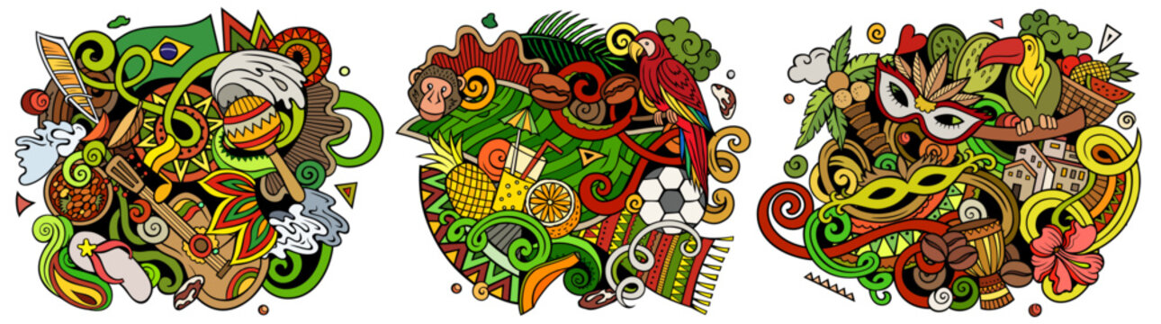 Brazil cartoon vector doodle designs set. Colorful detailed compositions with lot of Brazilian objects and symbols. Authentic local cultures illustration